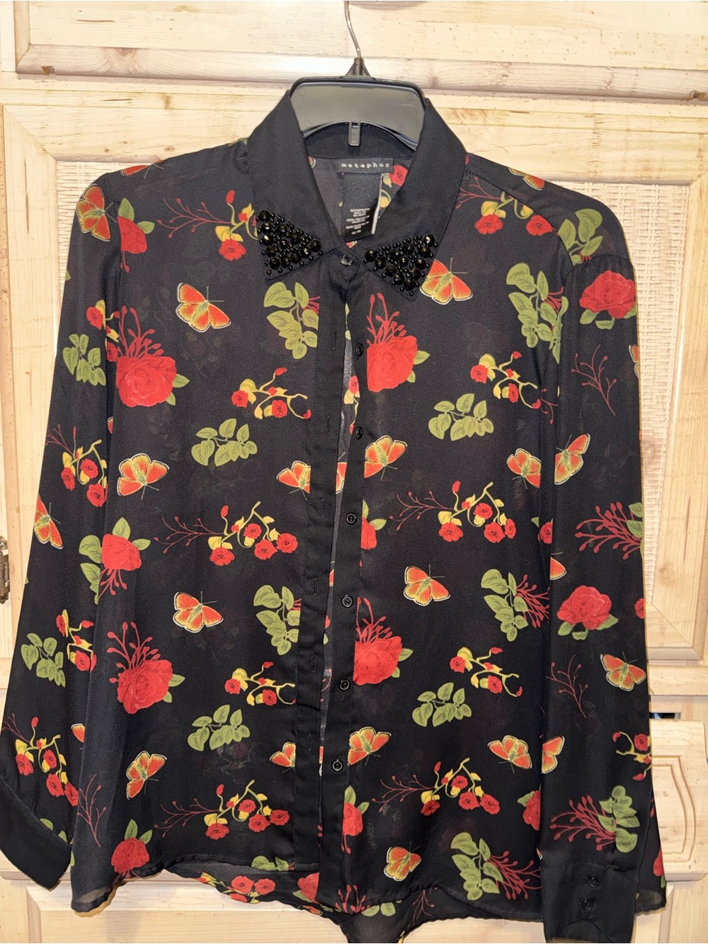 Metaphor Black Floral Blouse with Beaded Collar
